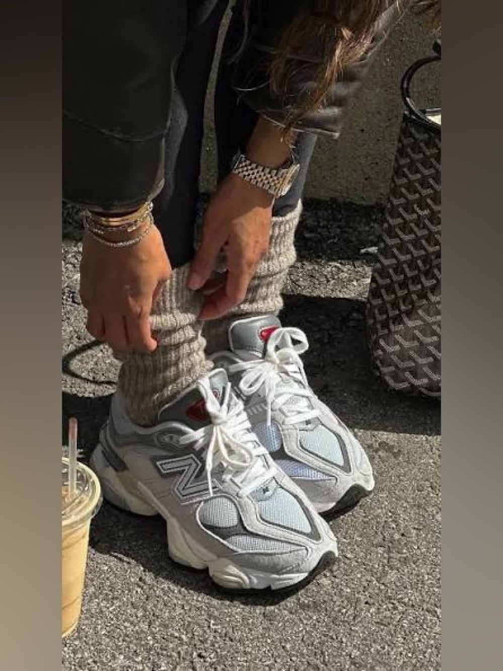 New Balance 9060 Gray and White Leather Mesh Sneakers with Red Accent